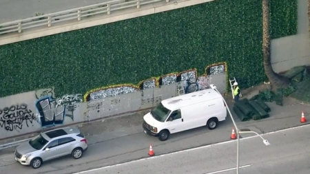 Fake ivy installed along U.S. 101 in downtown Los Angeles to deter graffiti